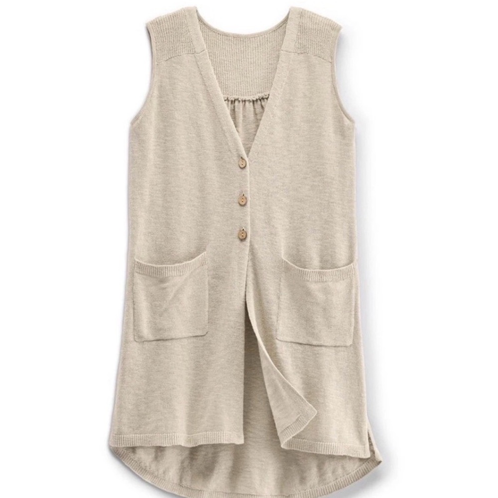 Sleeveless Button Front Knit Long Vest in Light Beige